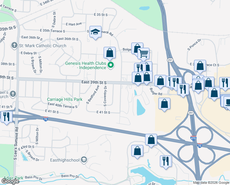 map of restaurants, bars, coffee shops, grocery stores, and more near 3904 South Maybrook Avenue in Independence