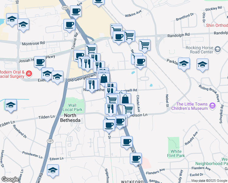 map of restaurants, bars, coffee shops, grocery stores, and more near 5501 Marinelli Road in North Bethesda