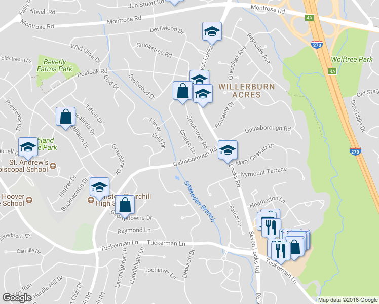 map of restaurants, bars, coffee shops, grocery stores, and more near 11704 Charen Ln in Rockville