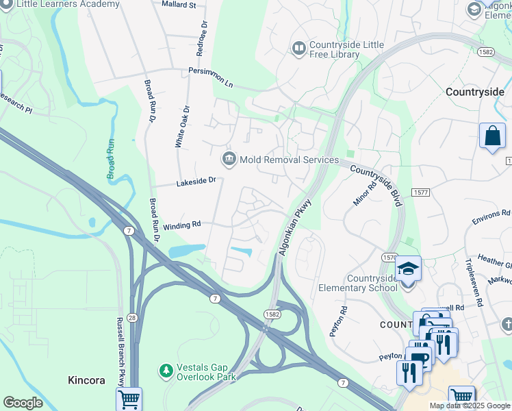 map of restaurants, bars, coffee shops, grocery stores, and more near 45560 Mallard Point Terrace in Sterling
