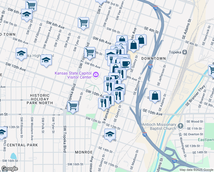 map of restaurants, bars, coffee shops, grocery stores, and more near 900 Southwest Jackson Street in Topeka