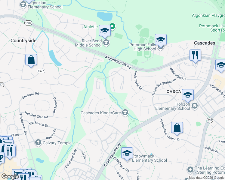 map of restaurants, bars, coffee shops, grocery stores, and more near 245 Finchingfield Court in Sterling