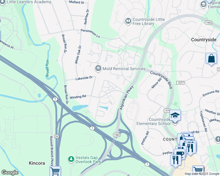 map of restaurants, bars, coffee shops, grocery stores, and more near 45560 Mallard Point Terrace in Sterling