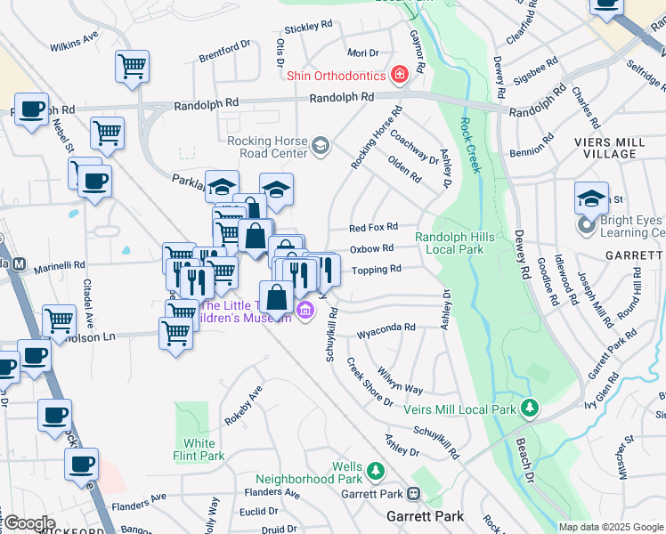 map of restaurants, bars, coffee shops, grocery stores, and more near 4821 Topping Road in Rockville