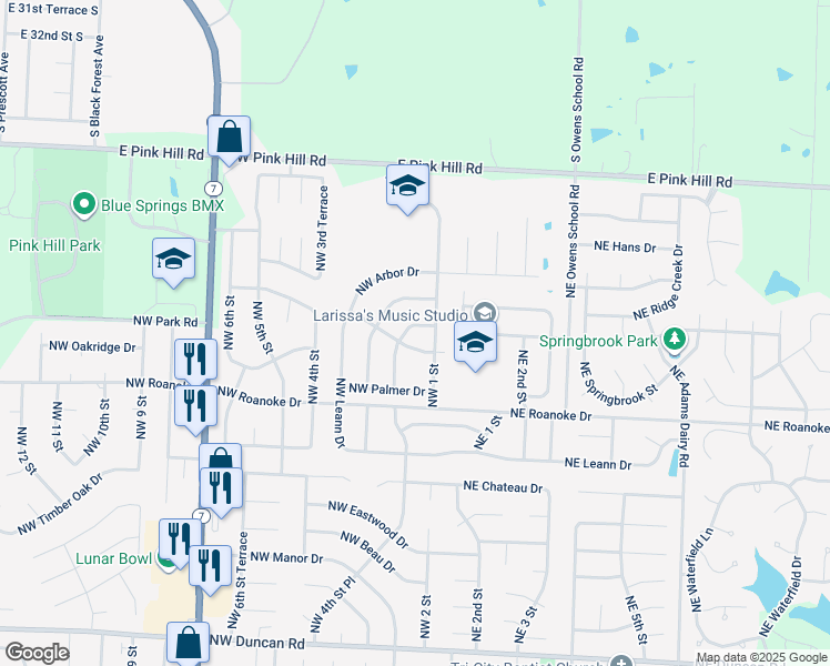 map of restaurants, bars, coffee shops, grocery stores, and more near 200 Northwest Almond in Blue Springs