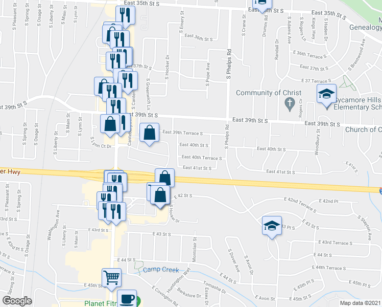 map of restaurants, bars, coffee shops, grocery stores, and more near 14505 East 40th Street South in Independence