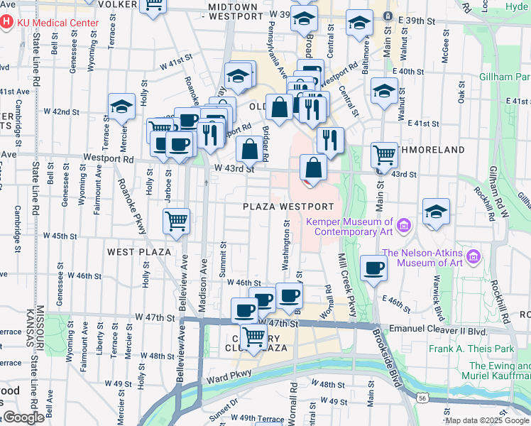 map of restaurants, bars, coffee shops, grocery stores, and more near 510 Northwest 44th Street in Kansas City