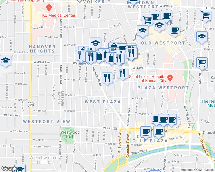 map of restaurants, bars, coffee shops, grocery stores, and more near 4403 Holly Street in Kansas City