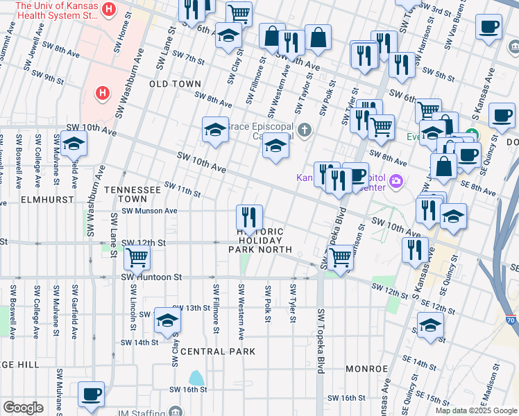 map of restaurants, bars, coffee shops, grocery stores, and more near 1015 Southwest Taylor Street in Topeka
