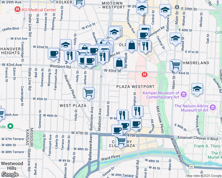 map of restaurants, bars, coffee shops, grocery stores, and more near 4400 Summit Street in Kansas City