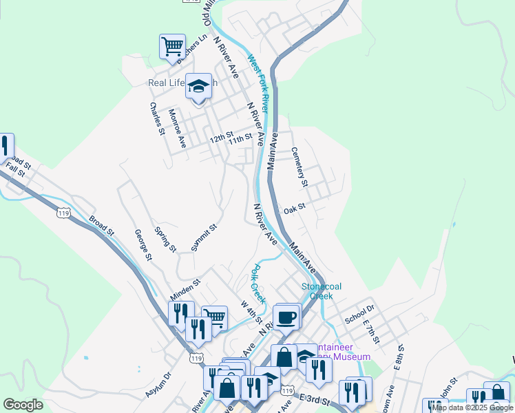 map of restaurants, bars, coffee shops, grocery stores, and more near North River Avenue in Weston