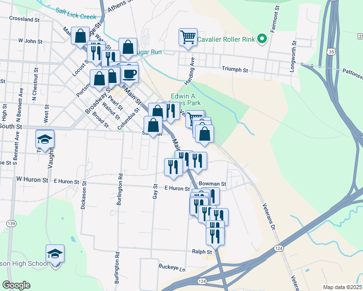 map of restaurants, bars, coffee shops, grocery stores, and more near 530 East Main Street in Jackson