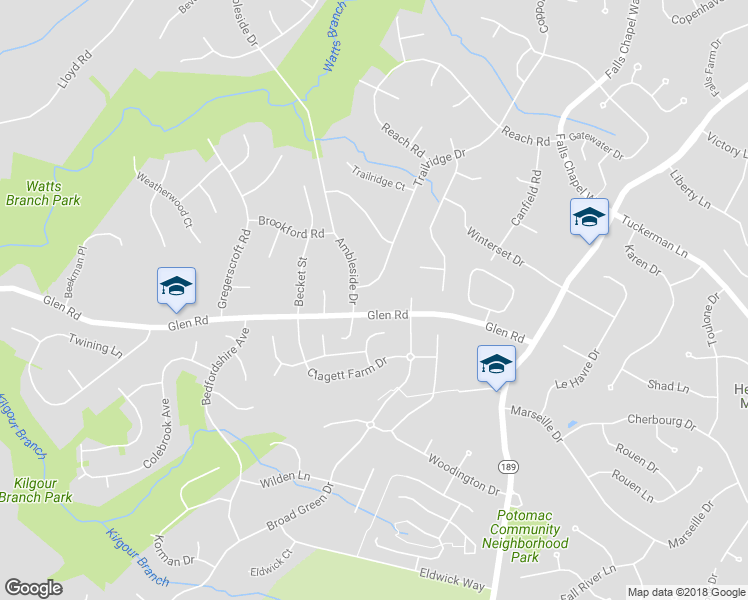 map of restaurants, bars, coffee shops, grocery stores, and more near 11705 Trailridge Drive in Potomac