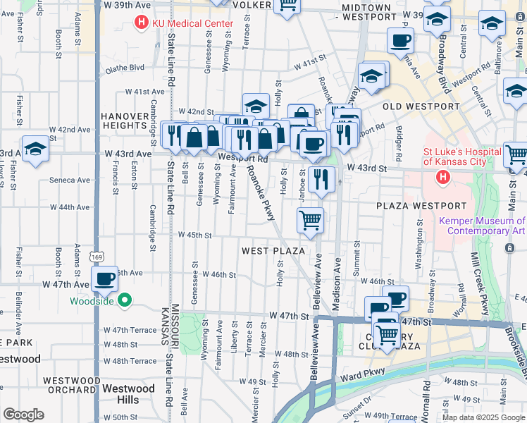 map of restaurants, bars, coffee shops, grocery stores, and more near 4420 Roanoke Parkway in Kansas City