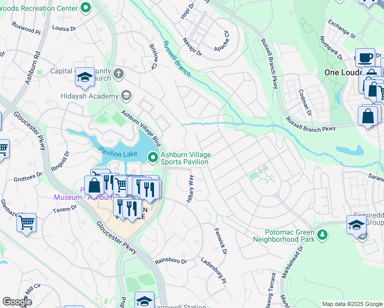 map of restaurants, bars, coffee shops, grocery stores, and more near 20546 Norwich Place in Ashburn