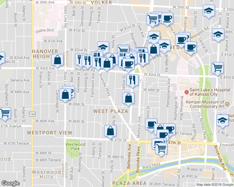 map of restaurants, bars, coffee shops, grocery stores, and more near 4415 Holly Street in Kansas City
