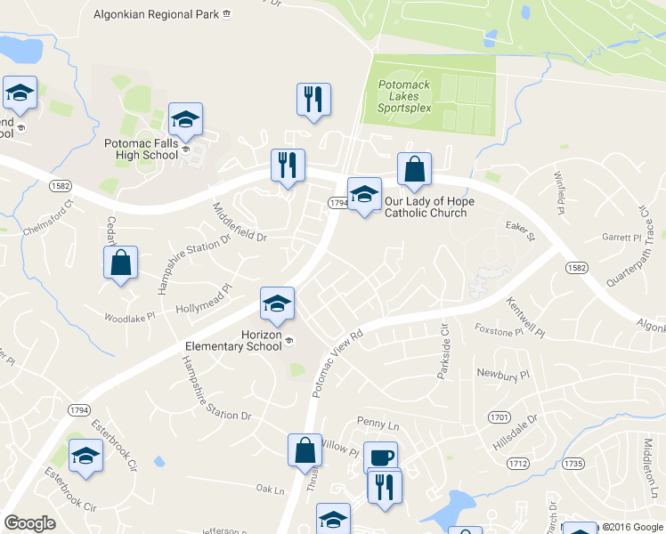 map of restaurants, bars, coffee shops, grocery stores, and more near 46725 Ashmere Square in Sterling