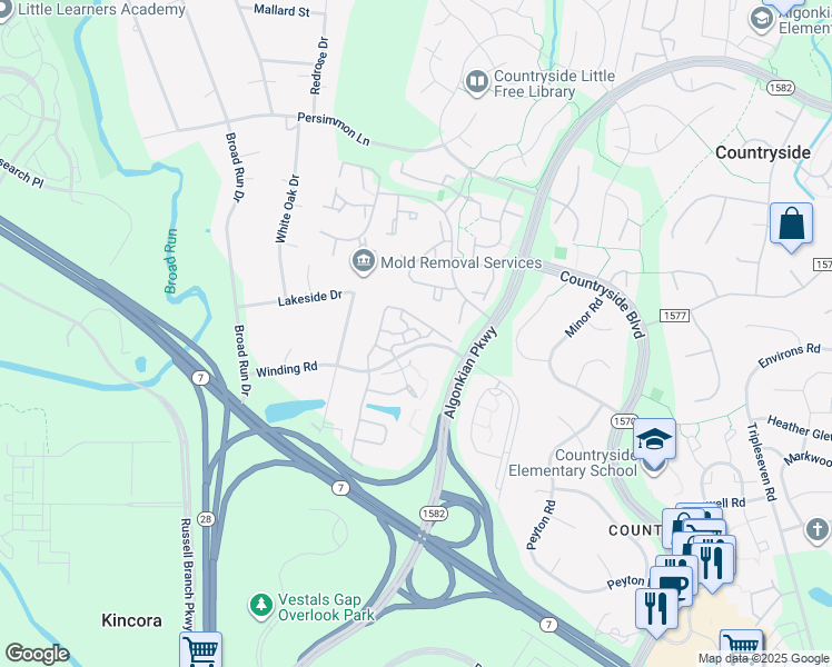 map of restaurants, bars, coffee shops, grocery stores, and more near 45570 Mallard Point Terrace in Sterling