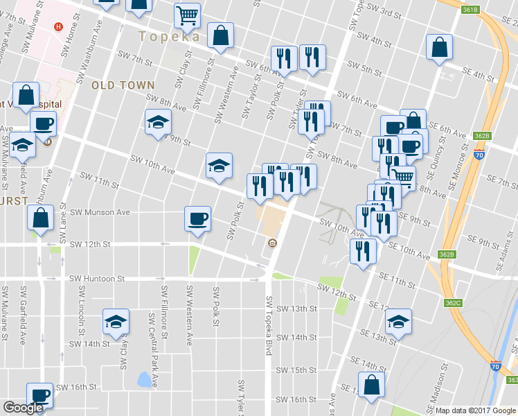 map of restaurants, bars, coffee shops, grocery stores, and more near 1001 SW Tyler St in Topeka