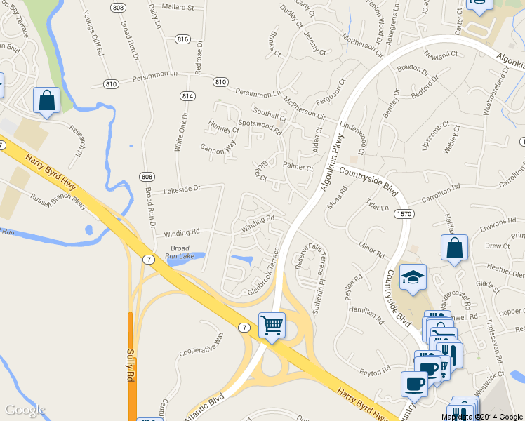 map of restaurants, bars, coffee shops, grocery stores, and more near 45570 Mallard Point Terrace in Sterling