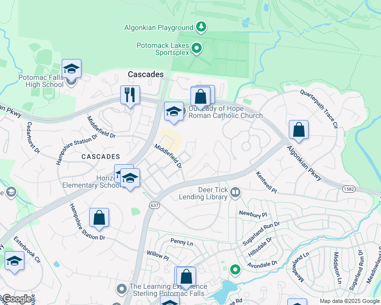 map of restaurants, bars, coffee shops, grocery stores, and more near 46803 Keswick Square in Sterling