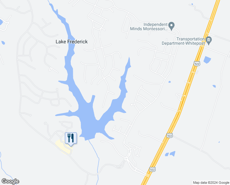 map of restaurants, bars, coffee shops, grocery stores, and more near 102 Manahoac Court in Lake Frederick