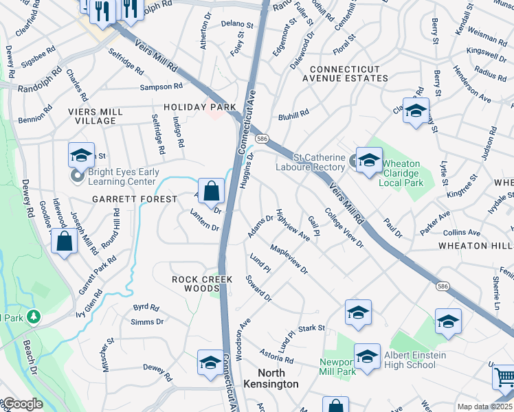 map of restaurants, bars, coffee shops, grocery stores, and more near 11706 Hatcher Place in Silver Spring