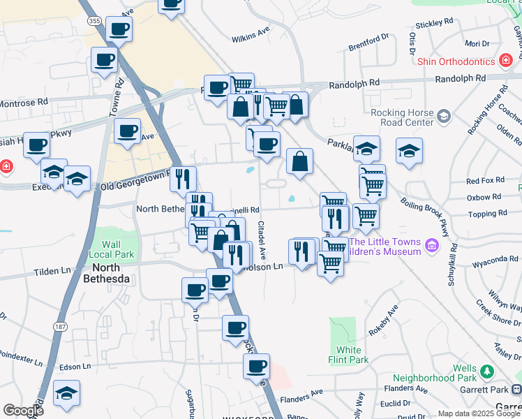 map of restaurants, bars, coffee shops, grocery stores, and more near Marinelli Rd & Citadel Ave in Rockville