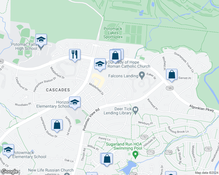 map of restaurants, bars, coffee shops, grocery stores, and more near 46803 Keswick Square in Sterling