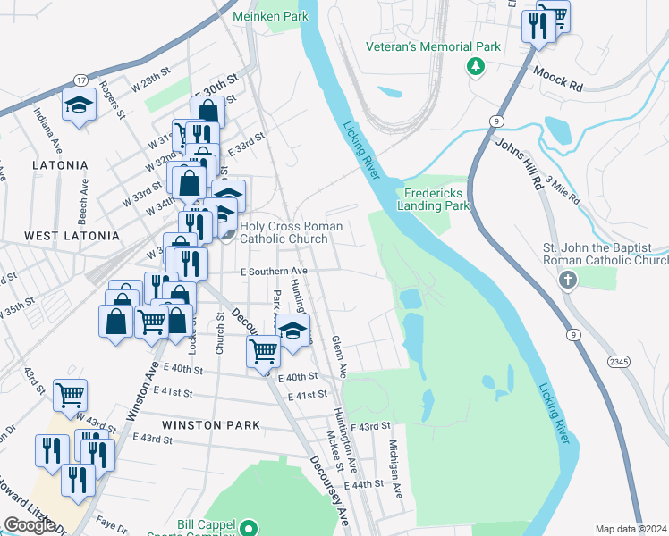 map of restaurants, bars, coffee shops, grocery stores, and more near 3611 Myrtle Avenue in Covington