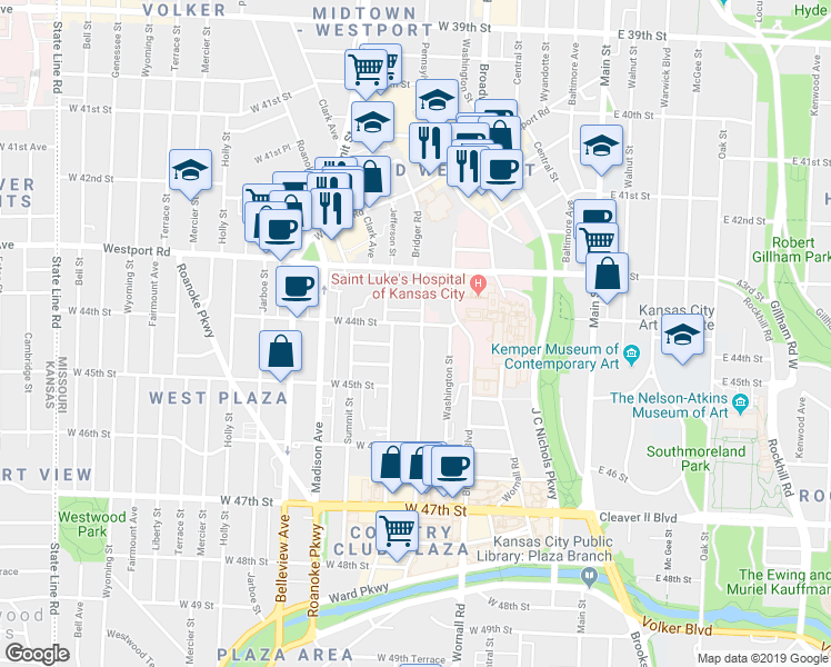 map of restaurants, bars, coffee shops, grocery stores, and more near 510 Northwest 44th Street in Kansas City