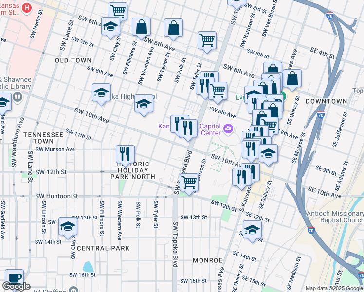 map of restaurants, bars, coffee shops, grocery stores, and more near 508 Southwest 10th Avenue in Topeka