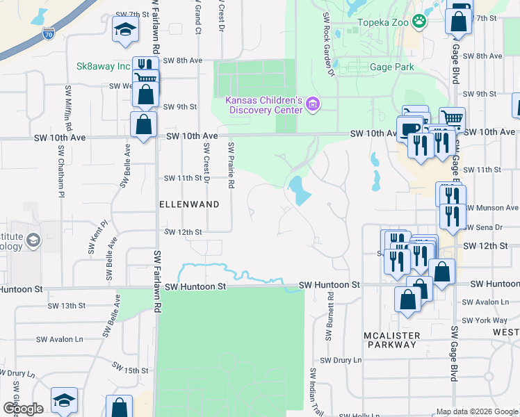 map of restaurants, bars, coffee shops, grocery stores, and more near 1120 Southwest Belmont Lane in Topeka