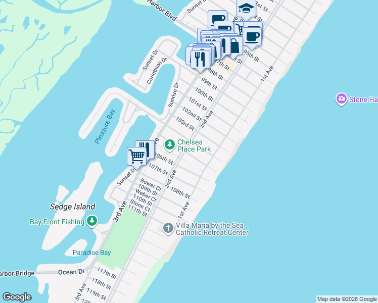 map of restaurants, bars, coffee shops, grocery stores, and more near 187 104th Street in Stone Harbor