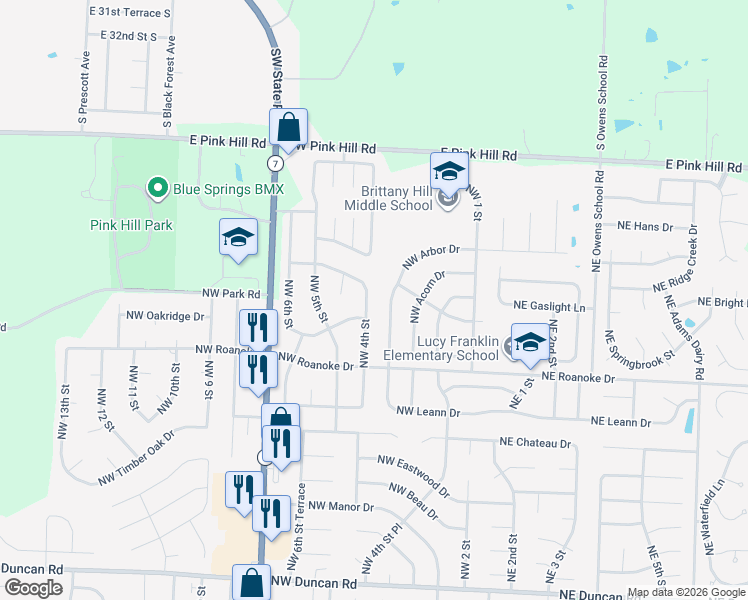 map of restaurants, bars, coffee shops, grocery stores, and more near 2525 Northwest Leann Drive in Blue Springs