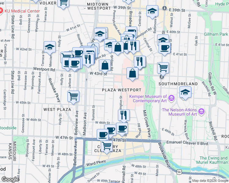 map of restaurants, bars, coffee shops, grocery stores, and more near 510 Northwest 44th Street in Kansas City