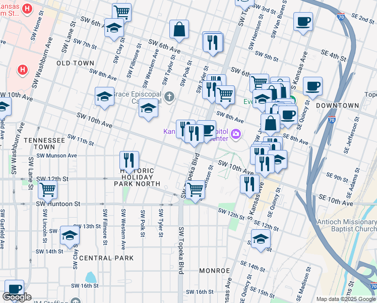 map of restaurants, bars, coffee shops, grocery stores, and more near 506 Southwest 10th Avenue in Topeka