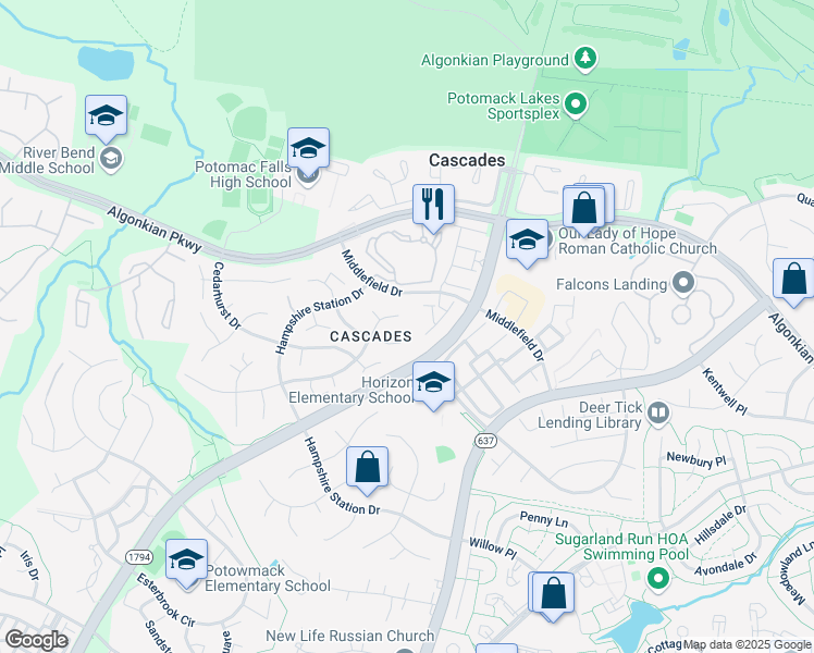 map of restaurants, bars, coffee shops, grocery stores, and more near 46591 Hollymead Place in Sterling