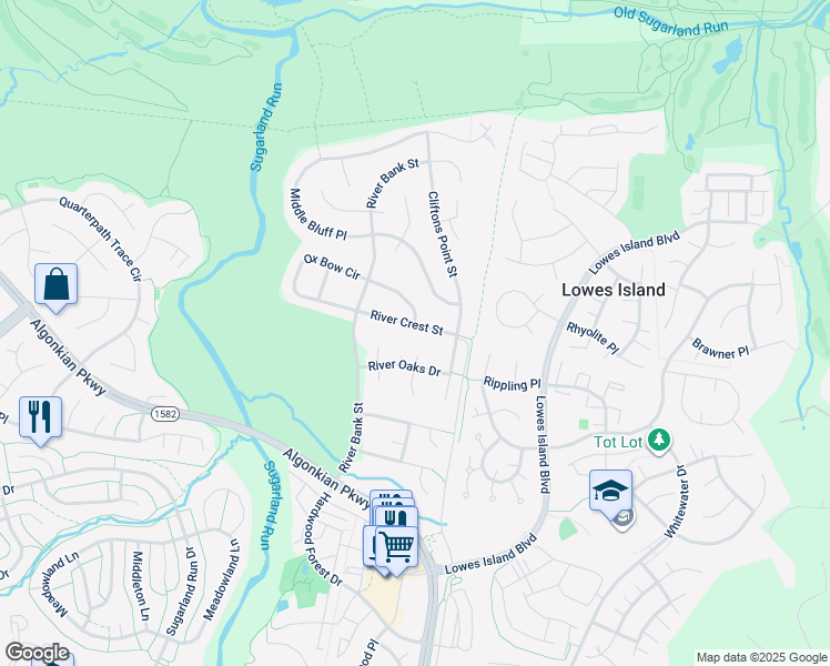 map of restaurants, bars, coffee shops, grocery stores, and more near 47417 River Crest Street in Sterling
