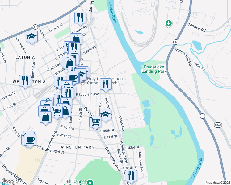 map of restaurants, bars, coffee shops, grocery stores, and more near 3611 Myrtle Avenue in Covington