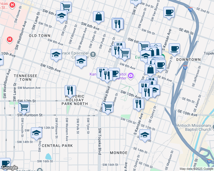 map of restaurants, bars, coffee shops, grocery stores, and more near 508 Southwest 10th Avenue in Topeka