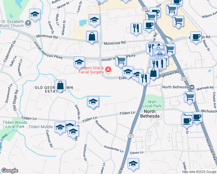 map of restaurants, bars, coffee shops, grocery stores, and more near 6110 Executive Boulevard in Rockville