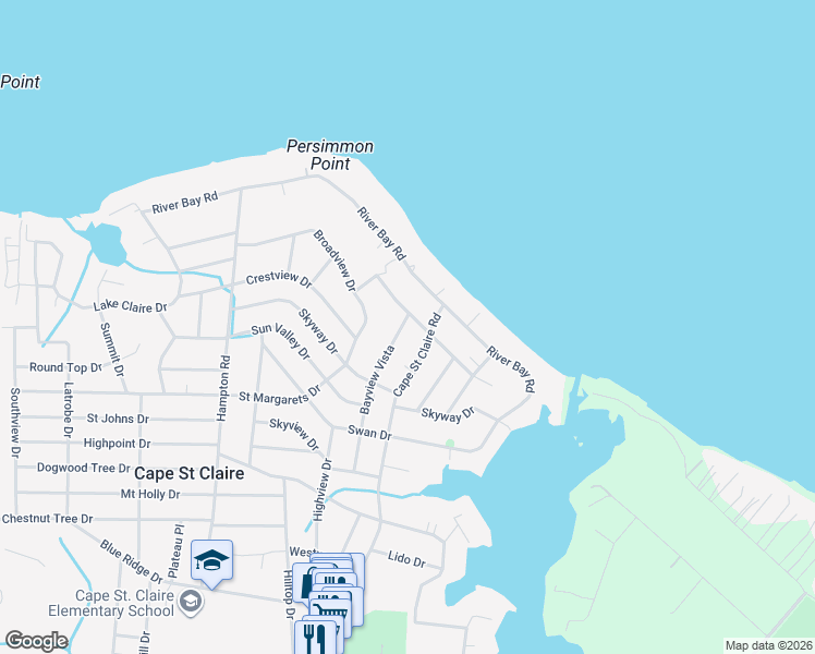 map of restaurants, bars, coffee shops, grocery stores, and more near 1155 Bayview Vista in Annapolis