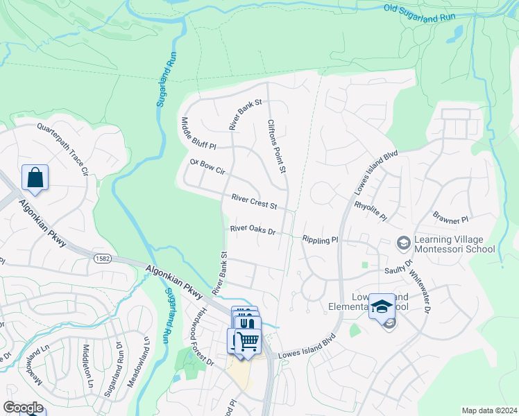map of restaurants, bars, coffee shops, grocery stores, and more near 47417 River Crest Street in Sterling