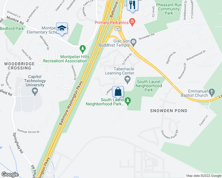 map of restaurants, bars, coffee shops, grocery stores, and more near 11501 Laurelwalk Drive in Laurel