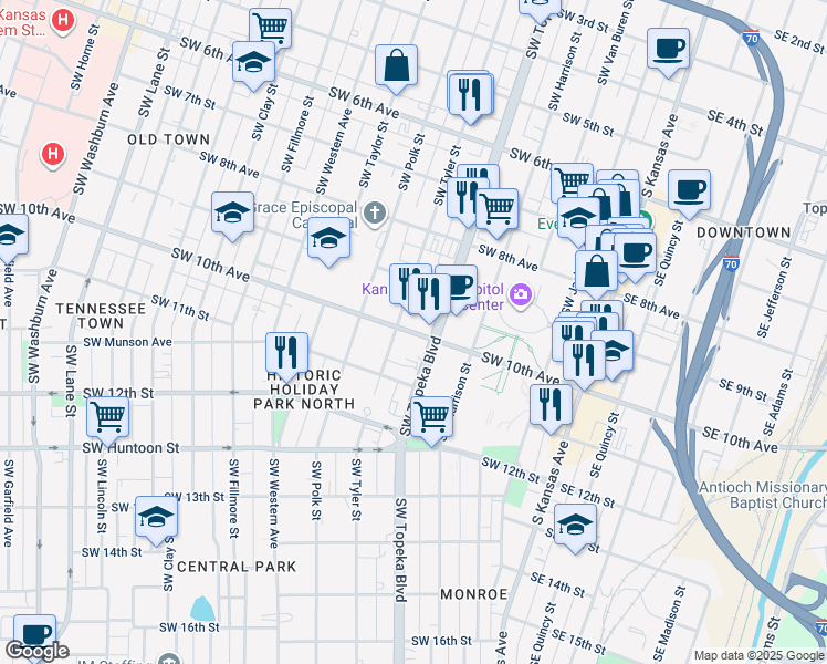 map of restaurants, bars, coffee shops, grocery stores, and more near 506 Southwest 10th Avenue in Topeka