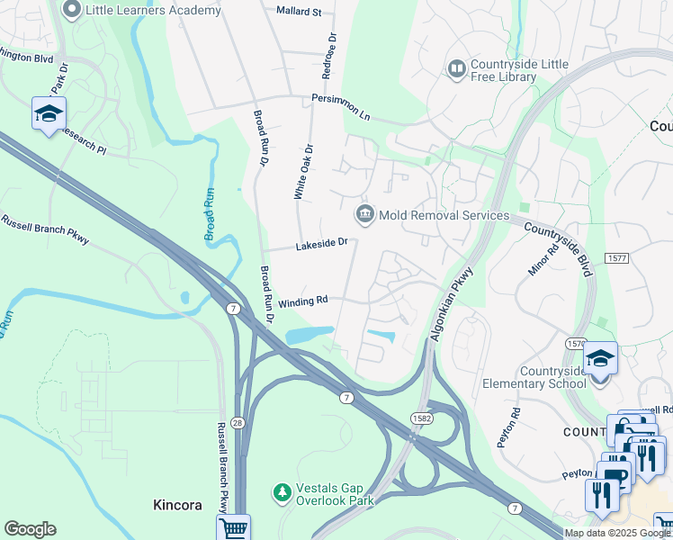 map of restaurants, bars, coffee shops, grocery stores, and more near 45545 Lakeside Drive in Sterling