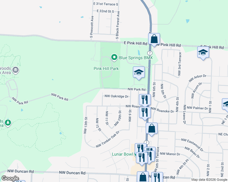 map of restaurants, bars, coffee shops, grocery stores, and more near 1100 Northwest Park Road in Blue Springs