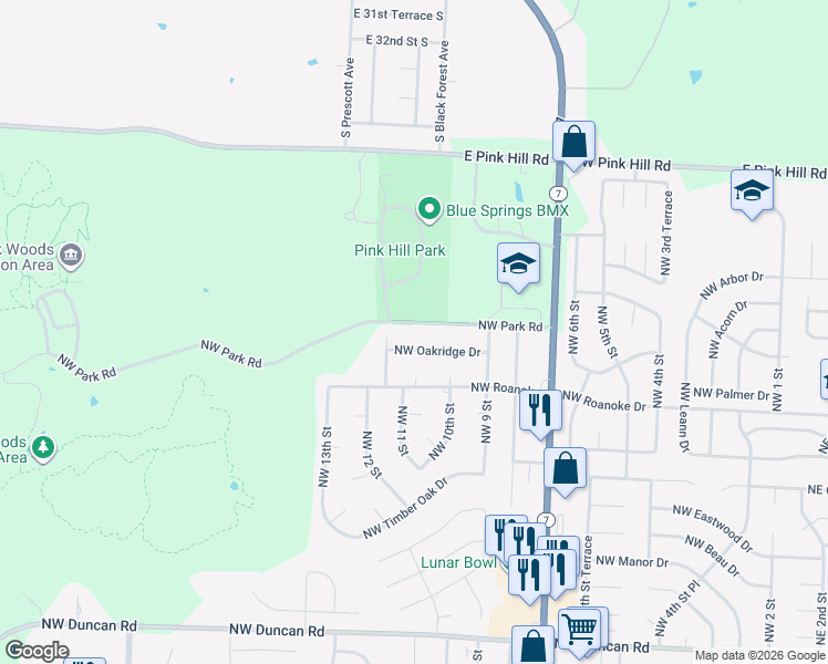 map of restaurants, bars, coffee shops, grocery stores, and more near 1100 Northwest Park Road in Blue Springs