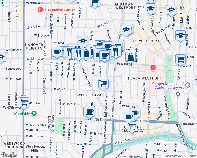 map of restaurants, bars, coffee shops, grocery stores, and more near 4410 Jarboe Street in Kansas City